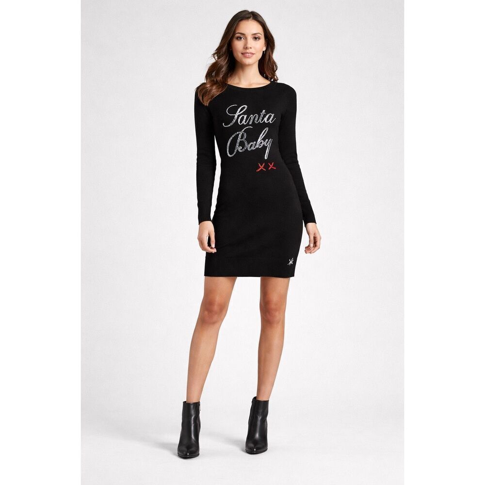 Lipsy Santa Baby Sweater Dress Black Sequin Knit Women Small